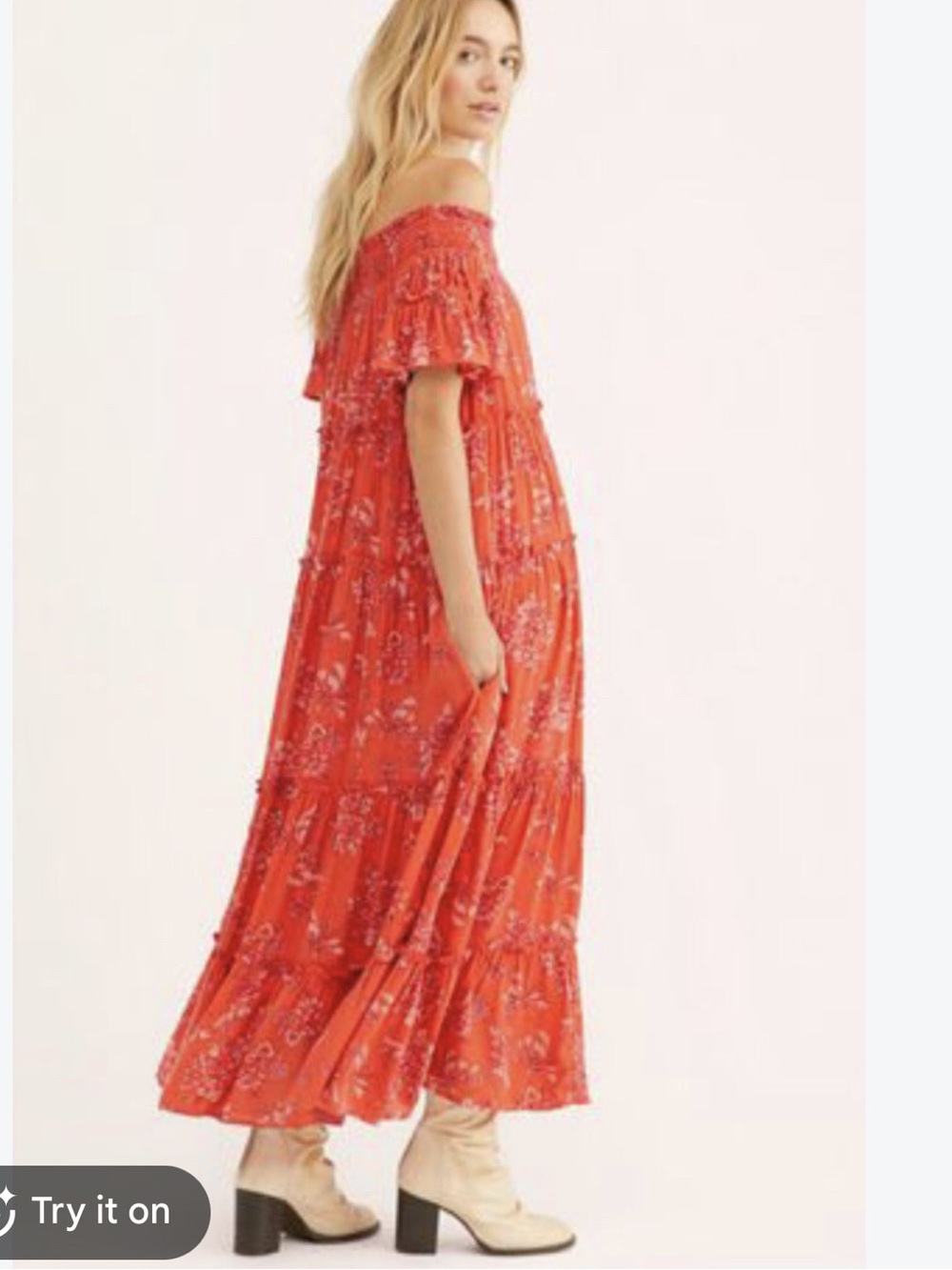 Free People Red Floral Barclay Off Shoulder Tiered Maxi Dress Womens XS Boho